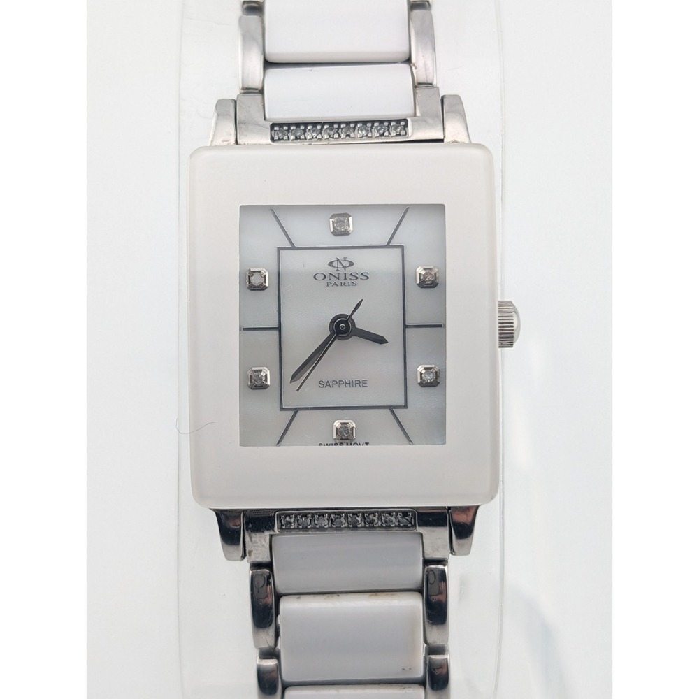 Oniss Paris Women's Watch Genuine Diamond White Ceramic 6.5" Band- New Battery